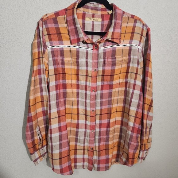 Shyanne Womens Plaid Button-Down Shirt Orange Red Large - Picture 1 of 14